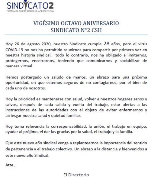 VIGESIMO OCTAVO ANIVERSARIO SINDICATO N&deg; 2 CSH